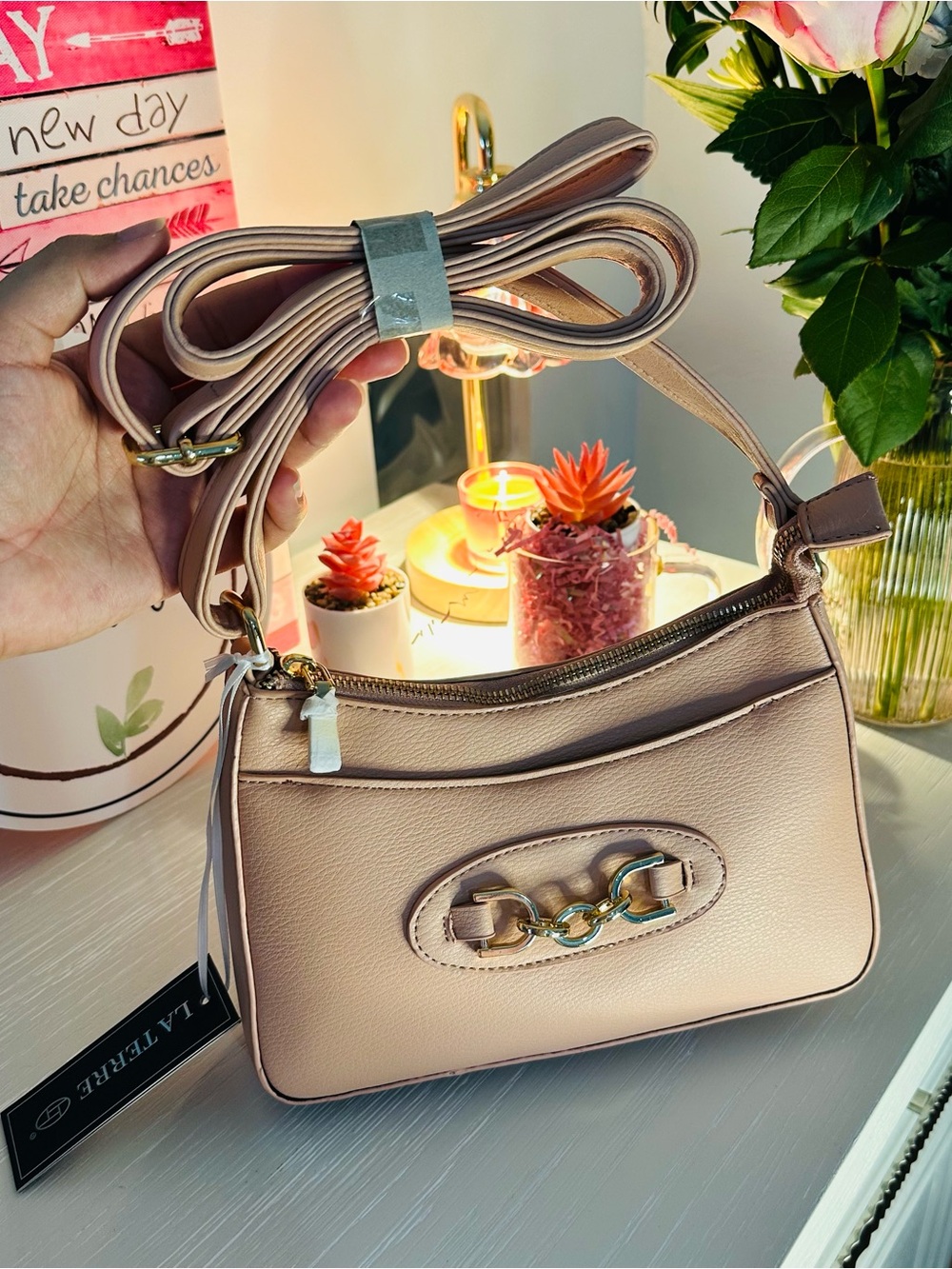 La Terre Blush Pink Pebbled Crossbody Bag with Gold Accent